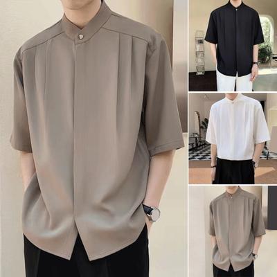 Men Summer Shirt Stand Collar Ice Silk Solid Color Pleated Loose Fit Cardigan Half Sleeves Mid Length Casual Business Mature Men Office Top