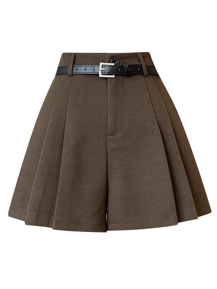 2025 High Waist Coffee Wool Pleated Shorts: Women's A-line Bootcut Wide Leg Skirt for Autumn/Winter.