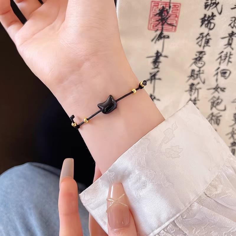 

2pcs 2026 Korean Cute Cat Couple Bracelet Natural Moonstone Obsidian Weaving Hand Rope Student Lovers Couple Birthday Gifts