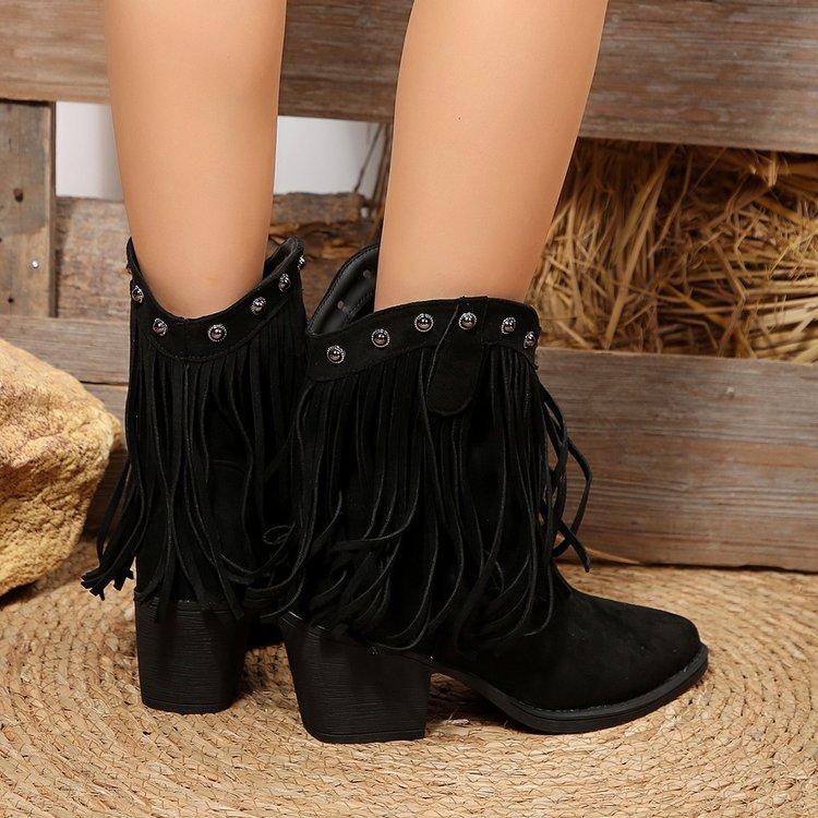Large Size Cowboy Tassel Pointed Head Square and V-mouth Knight Boots Autumn and Winter Mid-tube Knee Women's Boots
