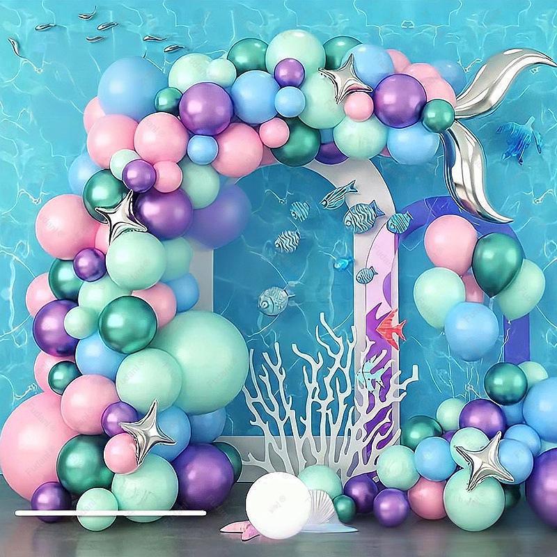 Ocean Maca Modro-zelená mořská panna ocas Hliníková fólie Latexový balónkový řetěz Set Krásné aranžmá na žádost o ruku k výročí