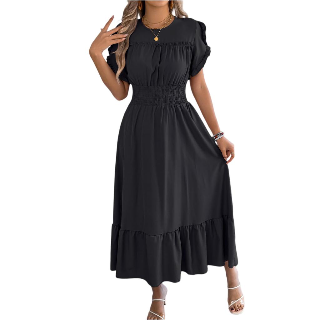Women's Fashionable Casual Color Off Shoulder Black Fungus Edge Short Sleeved Pleated Waist Dress