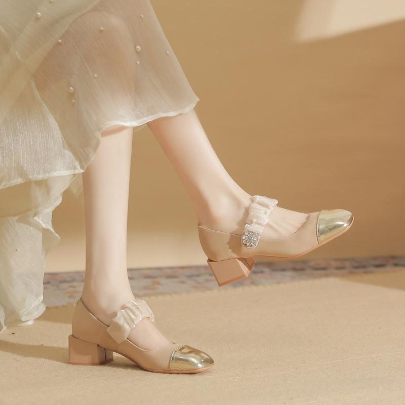 53302 [sheepskin] High Heels Women's 2025 Autumn New Color Matching Mary Jane Thick Heel Light Mouth Rhinestone Shoes