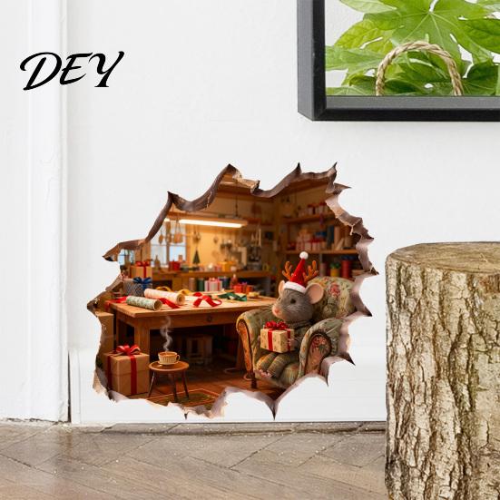 Removable PVC Holiday Window Stickers Christmas Mouse Wall Sticker, 3D Realistic Cute Illustrations Decal, Creative Room Decorations Waterproof