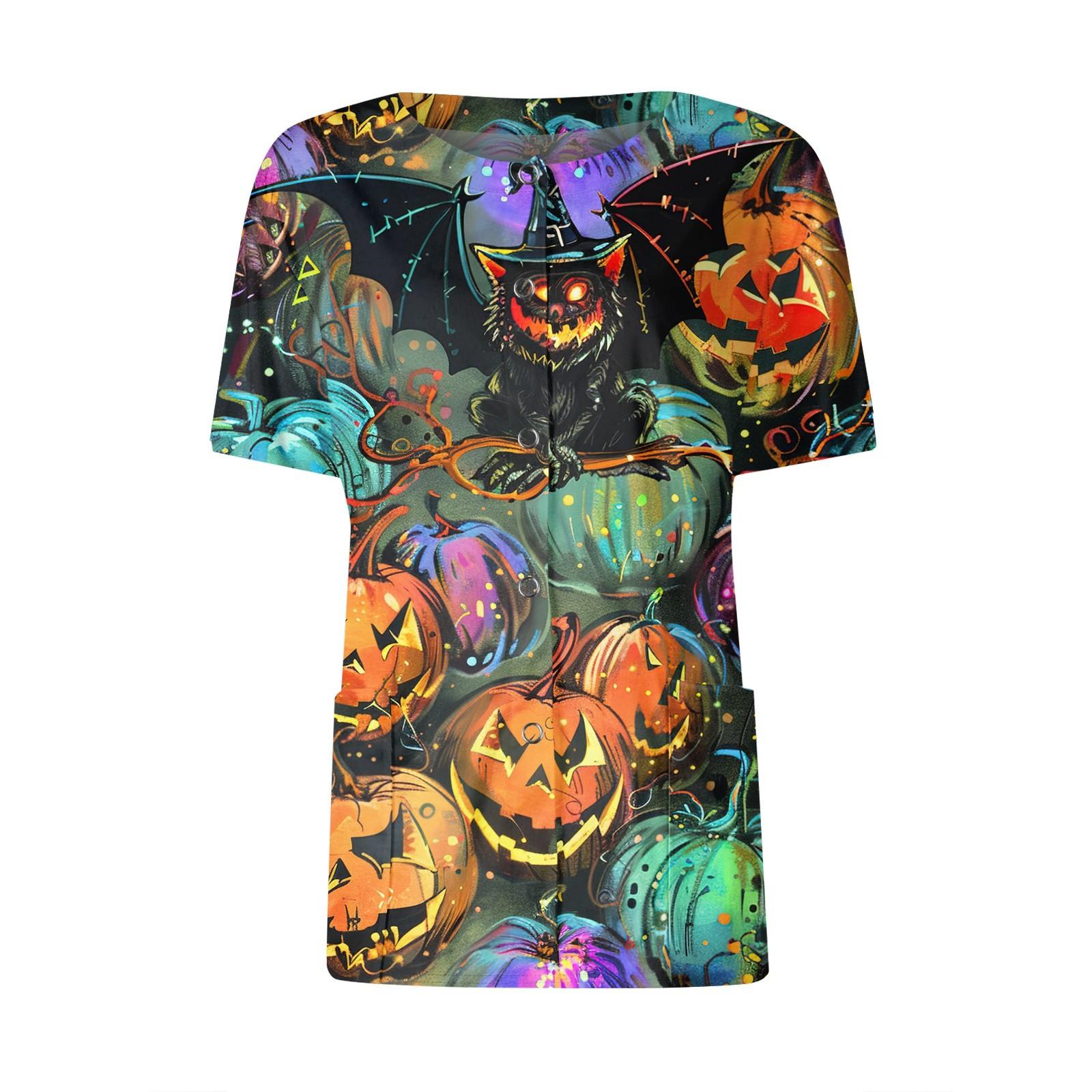 

Women s Short Sleeved Patterned Pockets, Work Print Stand Up Collar, Single Breasted Protective Clothing, Cardigan Jacket, Top XXXXXL