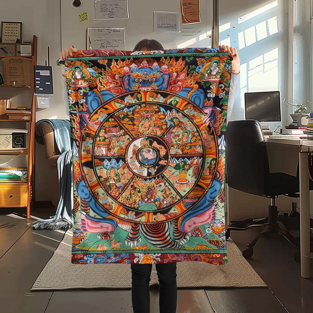 1Pc Buddhism Wheel Print Flannel Blanket, High quality Comfortable for All Seasons, Home Decor, Warmth and Comfort, Perfect for Christmas Gifts
