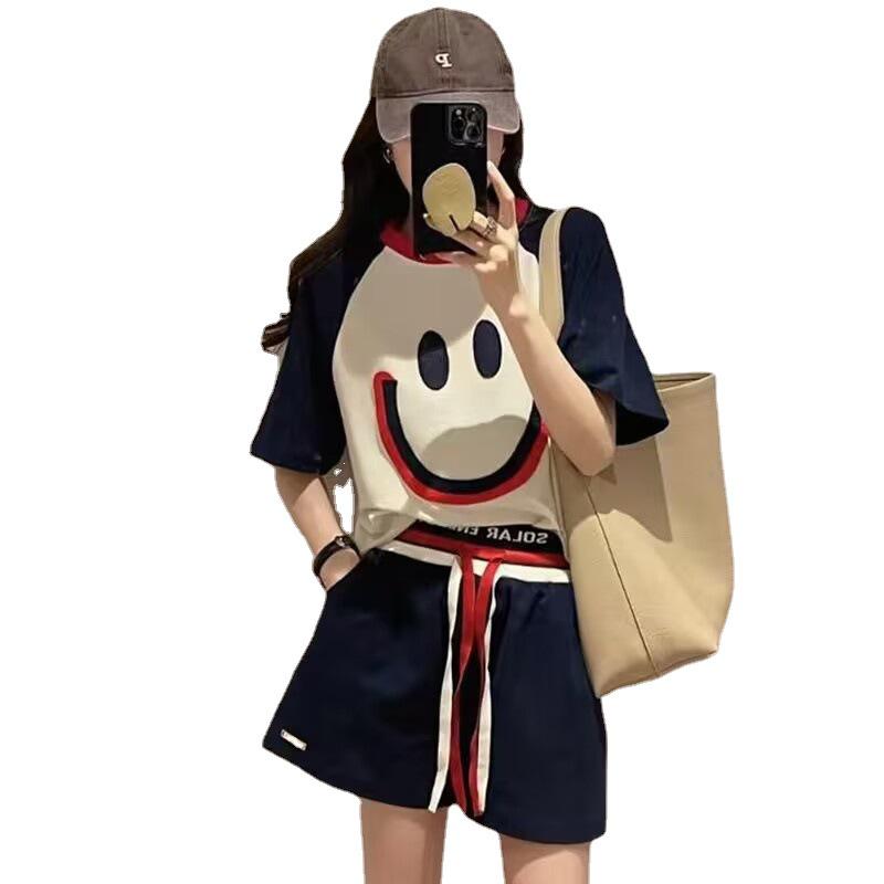 Women's Plus Size Smiley Face Embroidered Sports Suits - Summer Loose Casual Short-Sleeved Shorts Two-Piece Set, Trendy Style