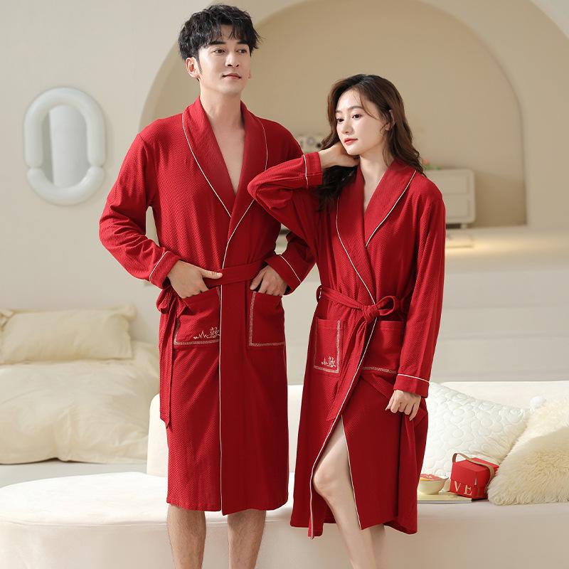 Couple Pajamas Women'S Spring And Autumn Cotton Long-Sleeved Nightgown Bridal Dressing Gown Bathrobe Men'S Big Red Wedding Suit