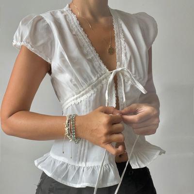 Pleated Bubble Sleeve Lace-Up Shirt Women's White Lace Loose Skinny Top