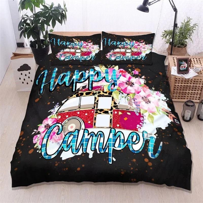Camping Car Duvet Cover Travel Theme Bedding Set Cartoon Animal Camping Comforter Cover Full King For Teens Adult Camper Gifts