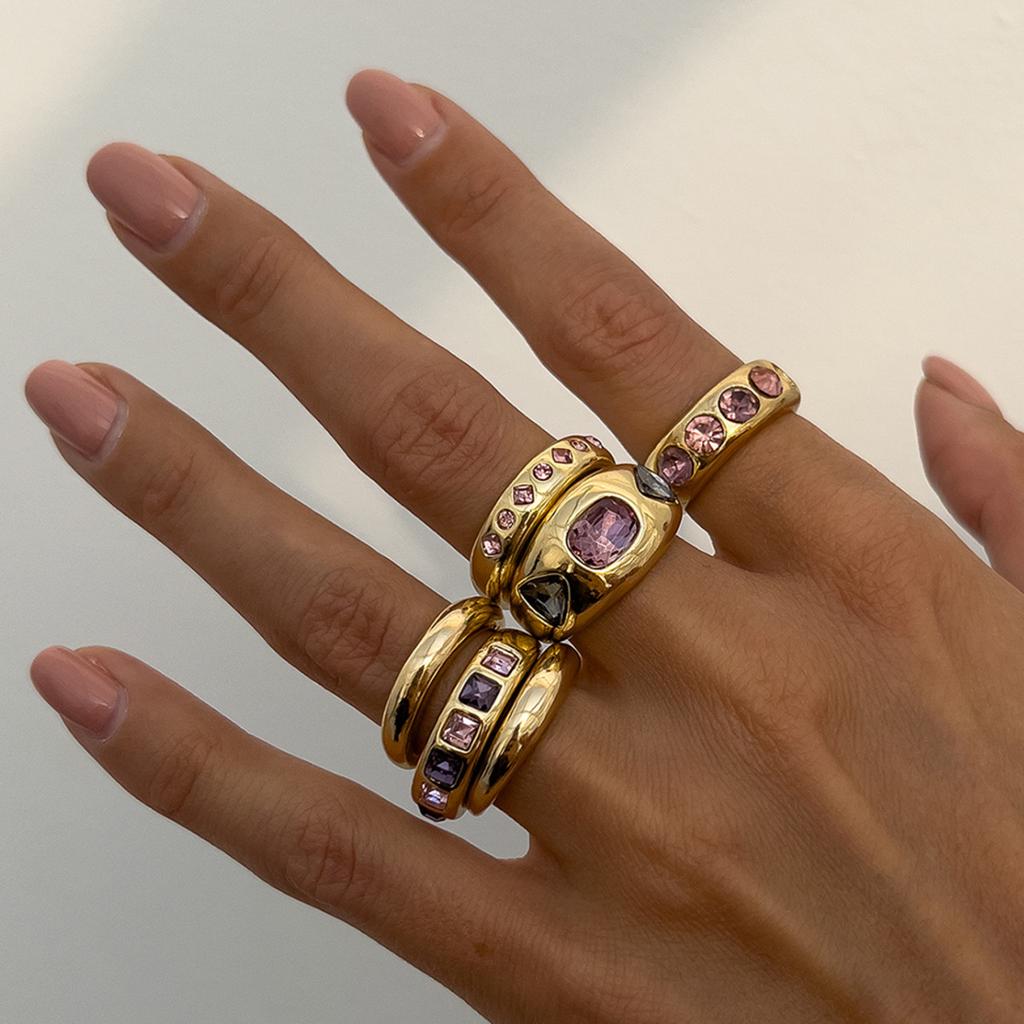 Salircon Exquisite 6Pcs/set Inlaid Purple zircon Adjustable Opening Ring Women Smooth Gold Color Ring Female Daily Jewelry Gift