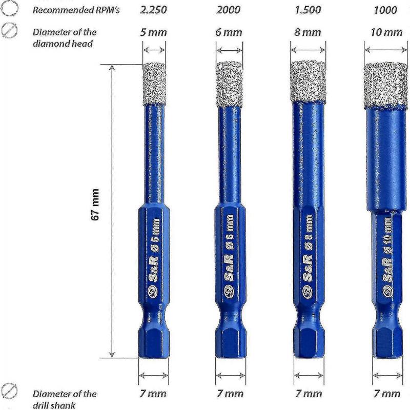4pcs Diamond Drill Bits Set for Ceramic Tiles Porcelain Glass Stone 5mm 6mm 8mm 10mm