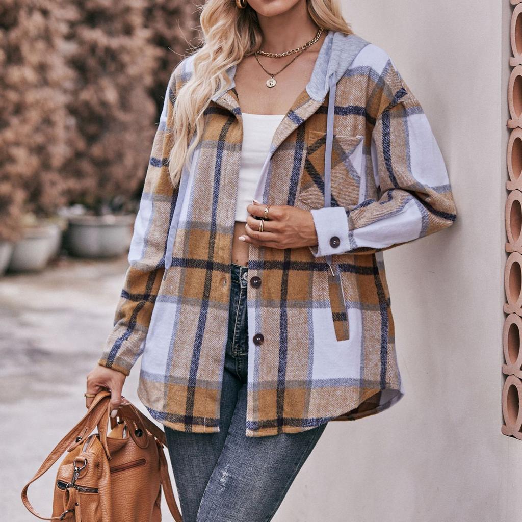 Veste Chemise Décontractée à Carreaux Manches Longues Boutonnée à Capuche à Poches Cordon de Serrage Mode Femme