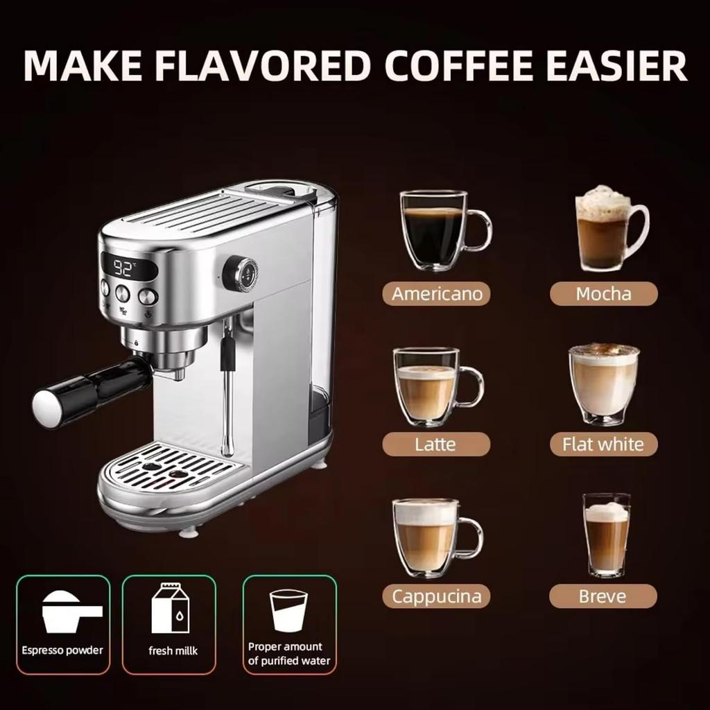 20 Bar Semi-Automatische Espressomachine Roestvrij Staal Koffiezetapparaat met Stoompijpje Pre-infusie LED Display