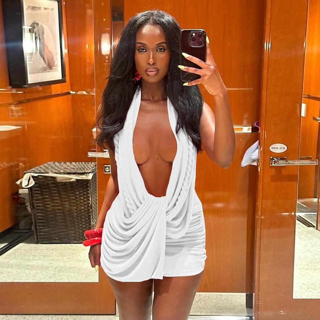 Women's Deep V-Neck Halter Backless Bodycon Dress - European & American Style