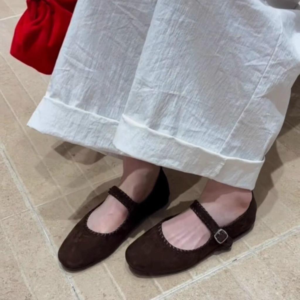 Retro handmade shoes soft leather one-word buckle Mary Jane flat-soled single shoes women's new round head shallow mouth soft-soled ballet shoes