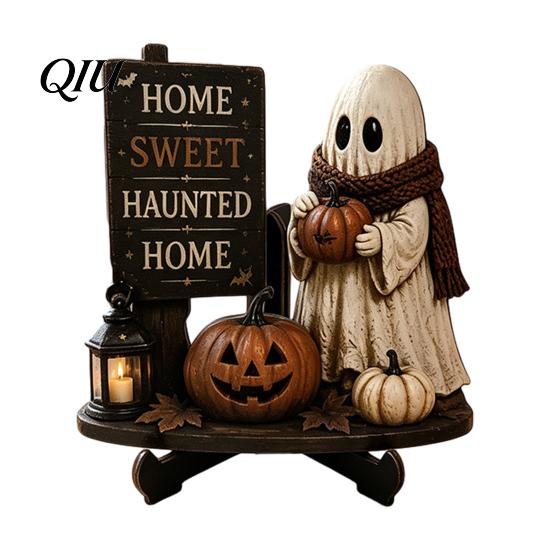 Halloween Party Tabletop Centerpieces Reading Ghost Figurine, Wooden Desktop Ornaments, Vintage Pumpkin Decor Statue with Stand for Home Fireplace