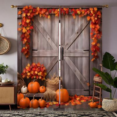 2pcs HD Thanksgiving Rattan Maple Leaf Wooden Door Pumpkin Decorative Curtain Coffee Color Digital Printing Curtain Home Deco