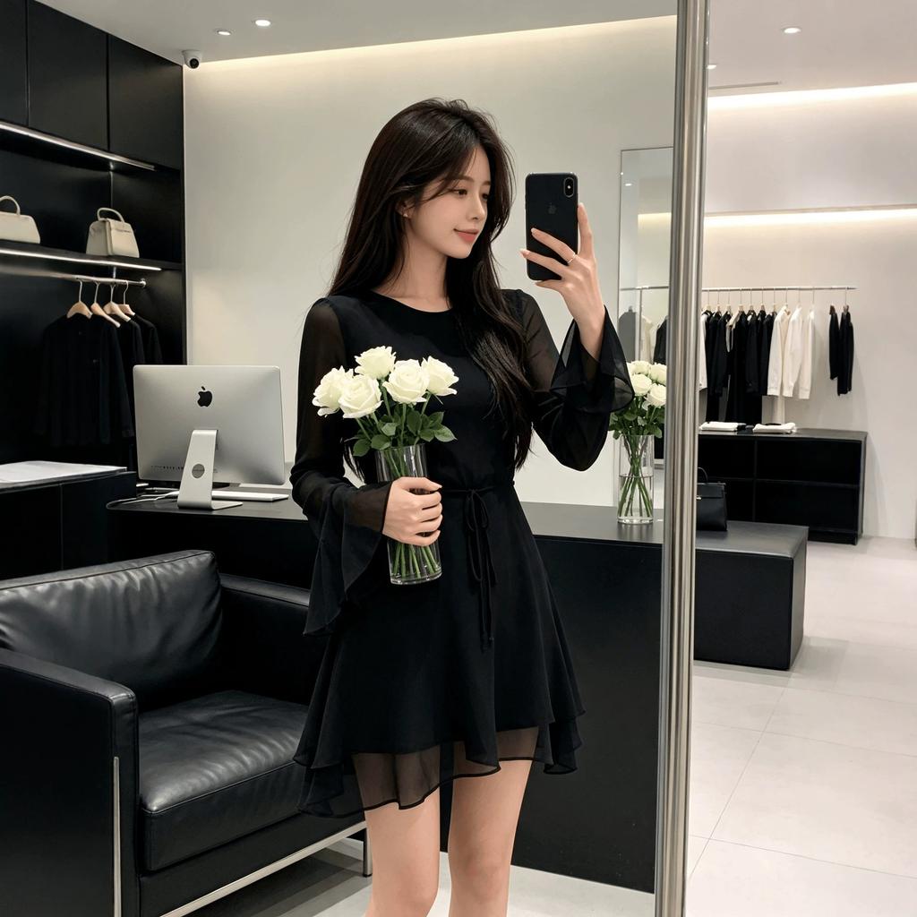 Sexy hottie backless strap flared sleeve waist small black dress short skirt summer niche slim long sleeve dress