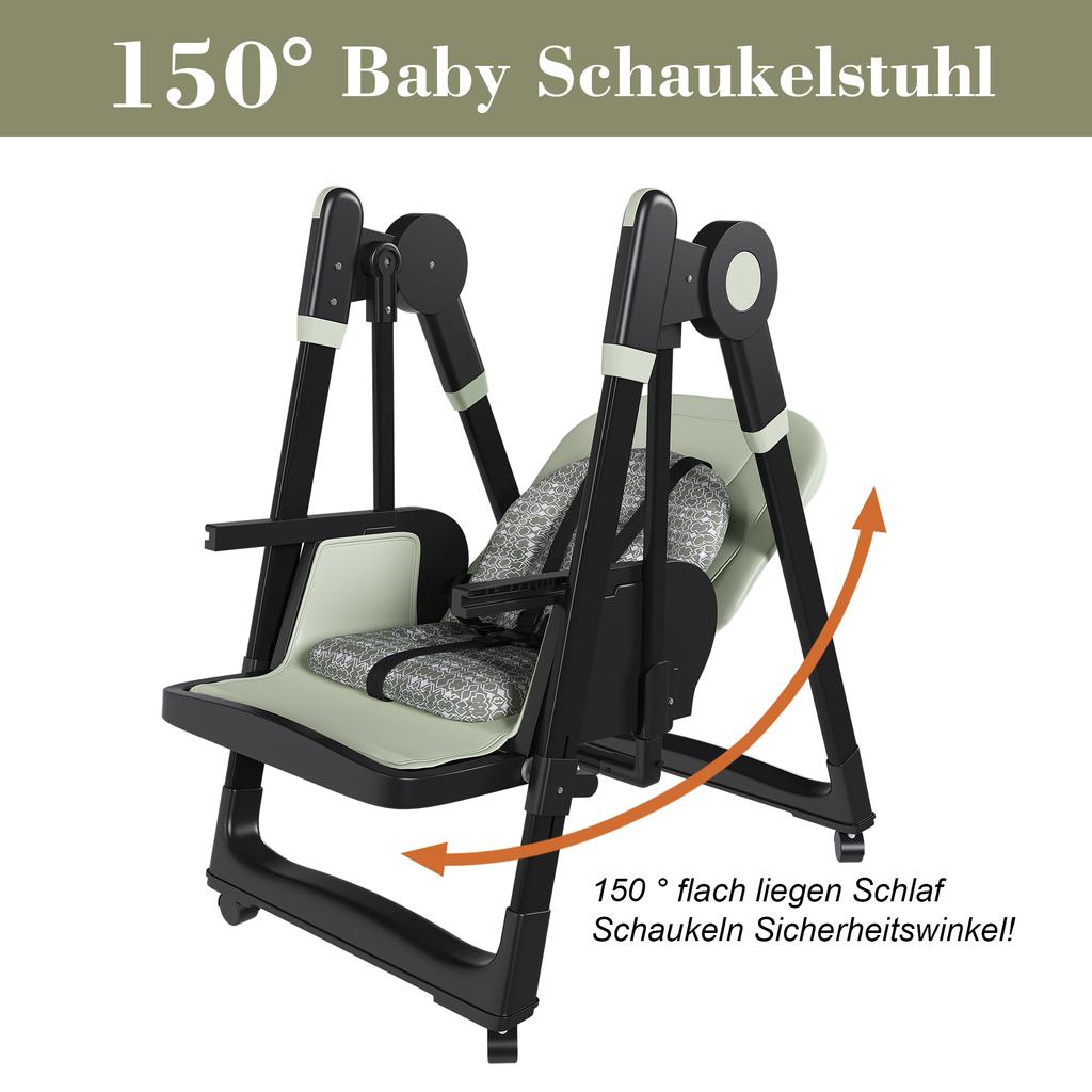 Chaise Haute Bébé 2-en-1 avec Fonction à Bascule, Harnais de Sécurité 5 Points, Roues Blocables, Plateau Amovible, Pliable et Réglable en Hauteur, Vert Foncé