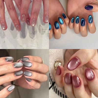 24PCS Glitter refletivo Cat Eye Press On Nails Cor sólida em unhas Conjunto para mulheres