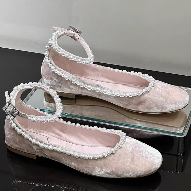 

Fairy wind pearl velvet Mary Jane single shoes new rhinestone buckle flat ballet shoes 40 розовый