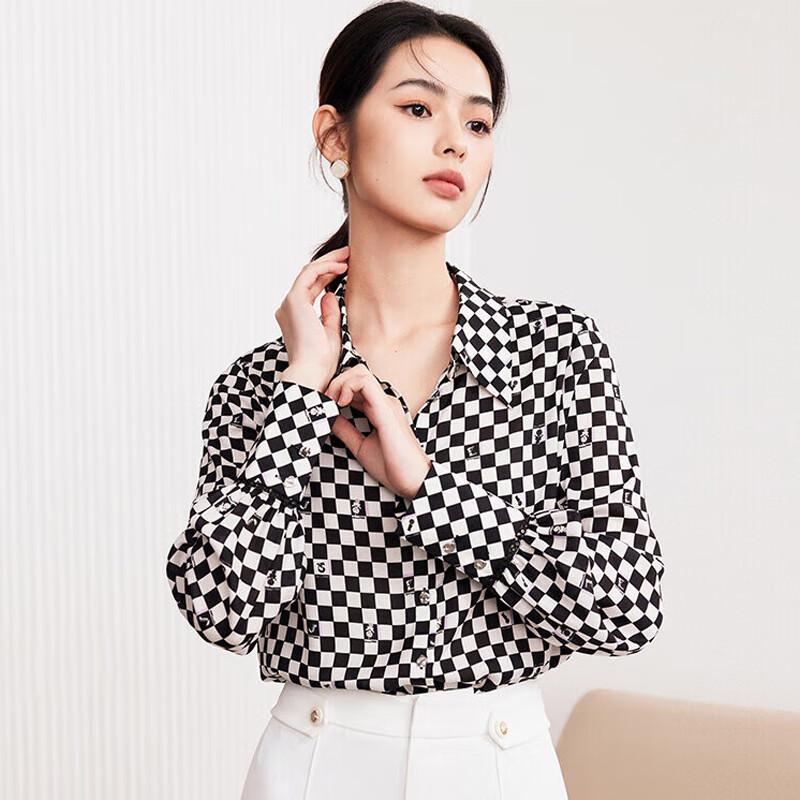 JESSIE Retro Lapel Color-Block Geometric Print Long Sleeve Shirt M