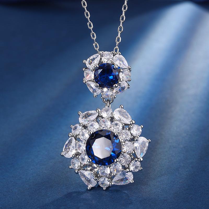 Fashion Luxury Sapphire Jewelry Set for Women Inlaid Water Drop CZ Blue Gemstone Flower Pearl Pendant Necklace Ring Earrings