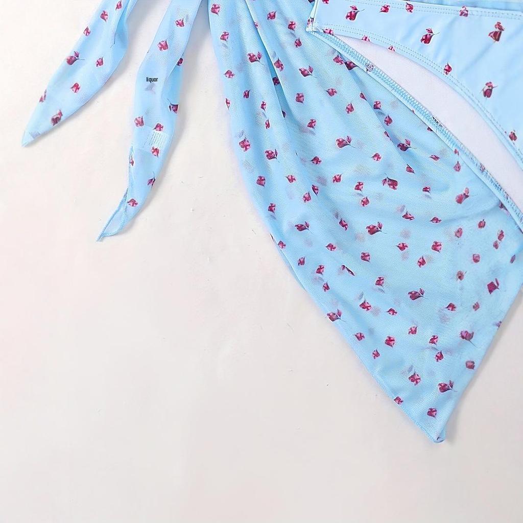 European & American Floral Bikini Set with Tie-Up Skirt - Women's Candy Color Print, 3-Piece Swimsuit