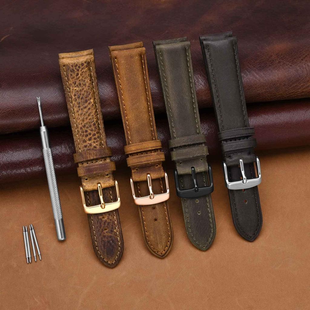 WOCCI Genuine Leather Watch Calf Replacement Buckle Band, 20mm, Leather, Strap, Brown/Silver