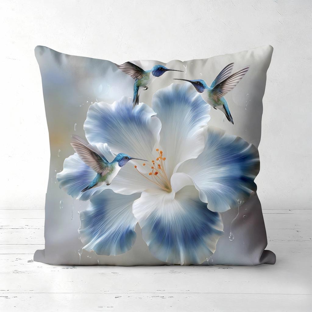 Blue Floral And Bird Pattern Decorative Cushion Covers Polyester Pillowcase, Sofa Decorative Cushion Cov Headboard Pillow