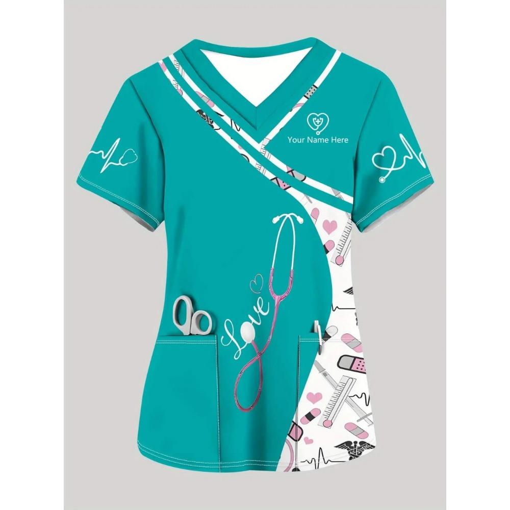 Clinical Uniform Woman Stethoscope Print V-Neck Short Sleeve Nurse Uniform Tops Fashion with Pocket Dentist Nurse Uniform Woman