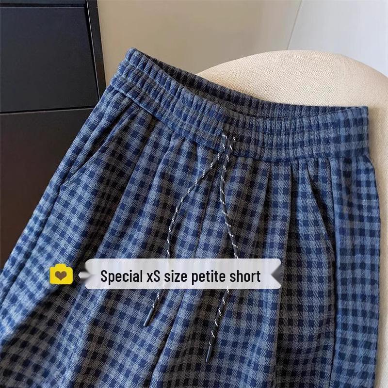 Women's Navy Blue Plaid Fleece Pants - Autumn/Winter Petite Retro Drawstring, Casual Floor-Length Lazy Style.