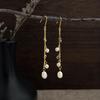 Chinese Freshwater Pearl Tassel Earrings with Blue Zircon - Elegant, Luxurious, Cool Aesthetic