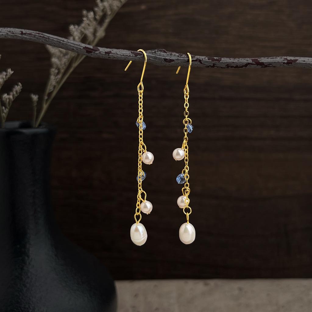 Chinese Freshwater Pearl Tassel Earrings with Blue Zircon - Elegant, Luxurious, Cool Aesthetic