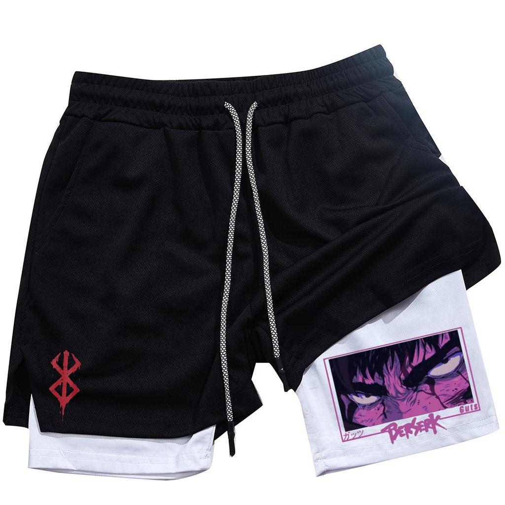 Pantalones cortos de gimnasio para hombre, ropa deportiva 2 en 1 de Anime para correr, trotar, entrenamiento, Yoga, baloncesto