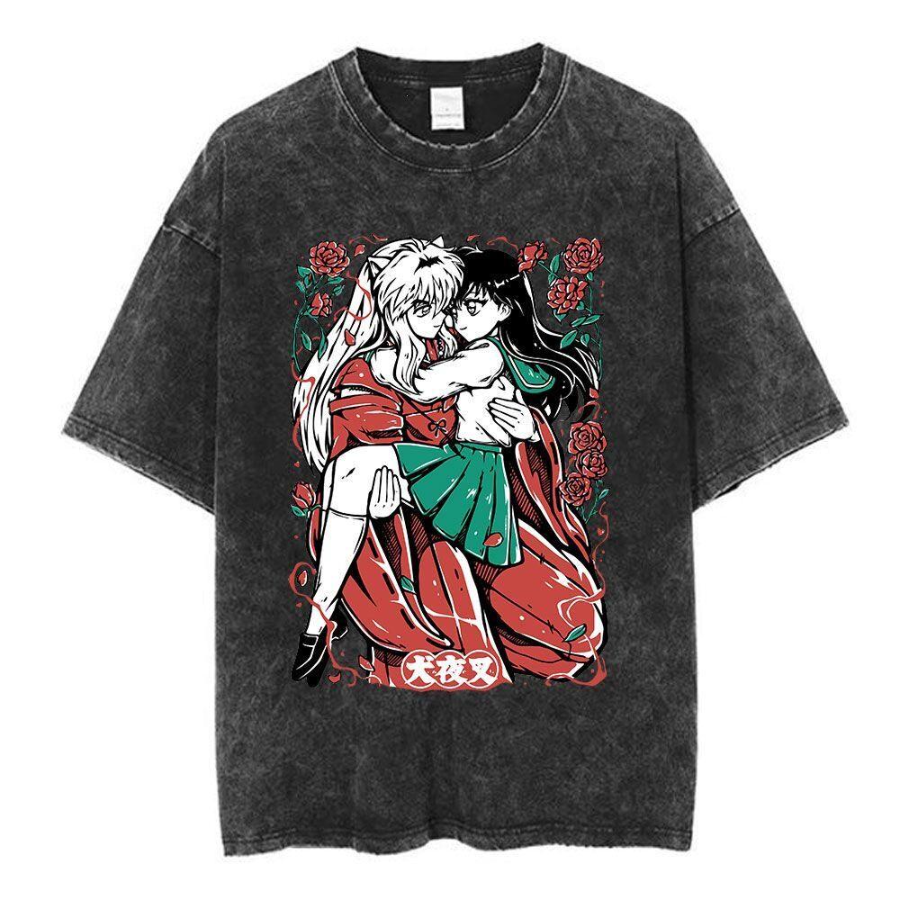 Retro Washed Anime Inuyasha Pattern Tshirts For Unisex And Unisex Shortsleeved Loose Cotton Tops Ins