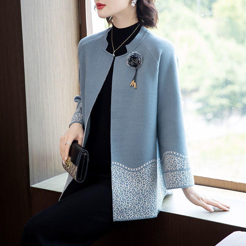 Fashionable Knit Sweater Coat for Middle Aged Women Casual Autumn Outerwear