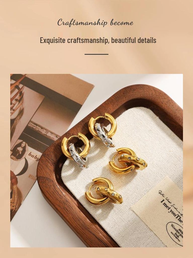 Women's Two-Tone Zirconia Double Circle Stud Earrings, Stainless and Titanium Steel, 18K Gold Plated, Waterproof