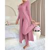 Herfst Winter Huis Casual Damespak Modieus Effen Kleur Ronde Kraag Super Lange Split Top Slimme Broek Tweedelig Pak