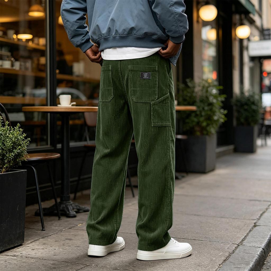 Men's Corduroy Multi-Pocket Cargo Pants Loose Fit Vintage Casual Straight Leg for Everyday Wear
