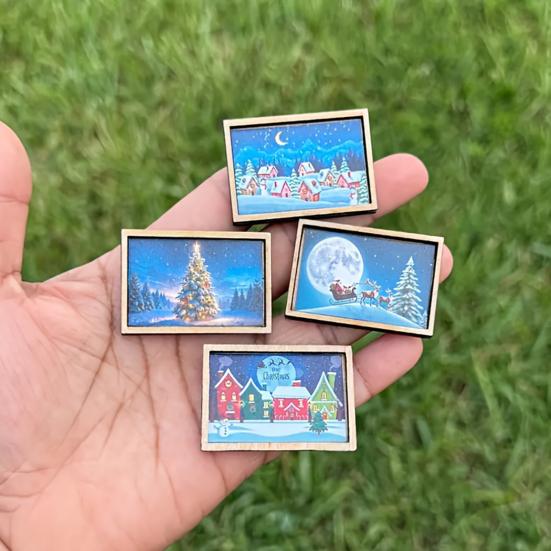 Mini Framed Christmas Pictures Wooden Xmas Scenes Decorations Miniature Framed Christmas Ornaments for Festive Decor DIY Craft