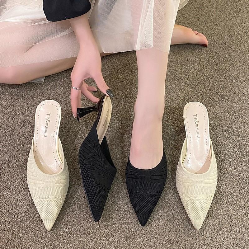 Fashion New Summer Soft Roman Rubber Fabric Slippers Casual Stretch Fabric Baotou Women's Slippers Women's Low Luxurious Pointed Toe