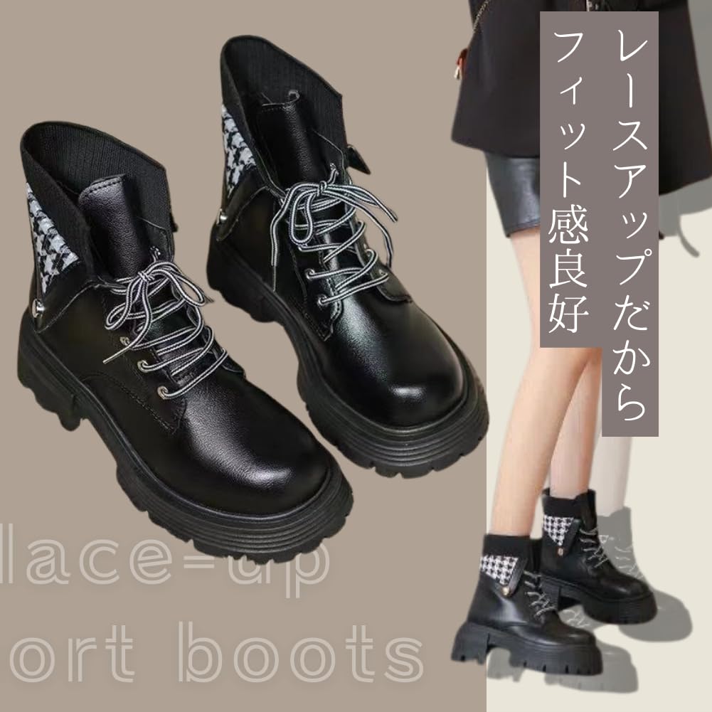 ALVEIN Platform Houndstooth Short Boots Japanese Shoe Women's High-Top Fleece-Lined Lace-Up (Off-White, Sizes, Adult, 23.0 cm)