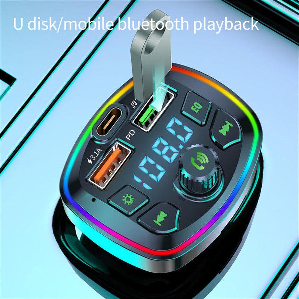 Q7 Bluetooth 5.0 Car Charger FM Transmitter Type C 2 USB Port 4.2A Charger Colorful Ambient Light MP3 Music Player