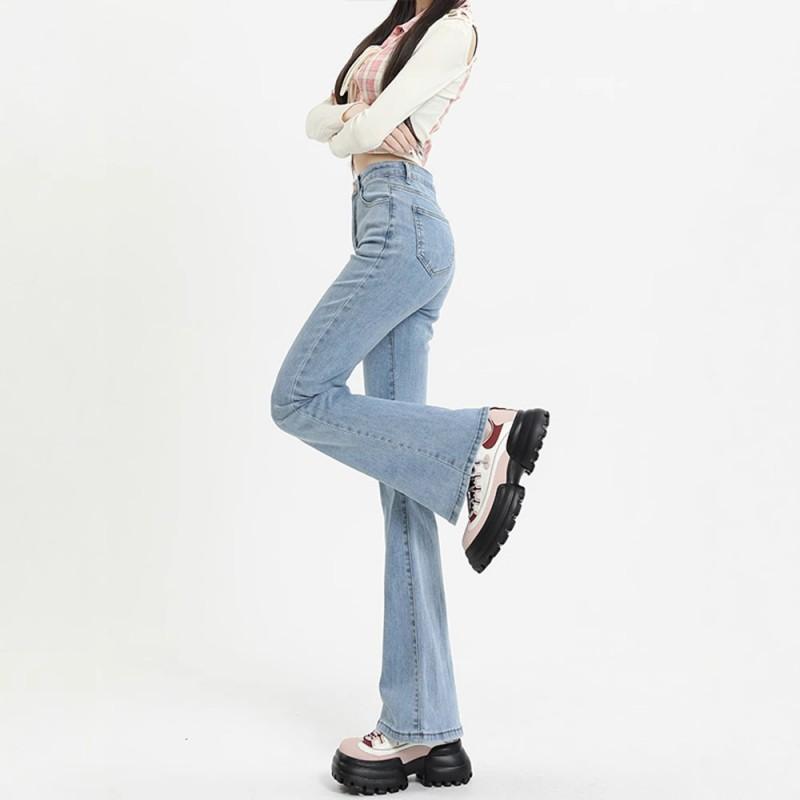 High-Waisted Stretch Denim Flare Jeans Women Streetwear Slim Fit Blue Long Pants