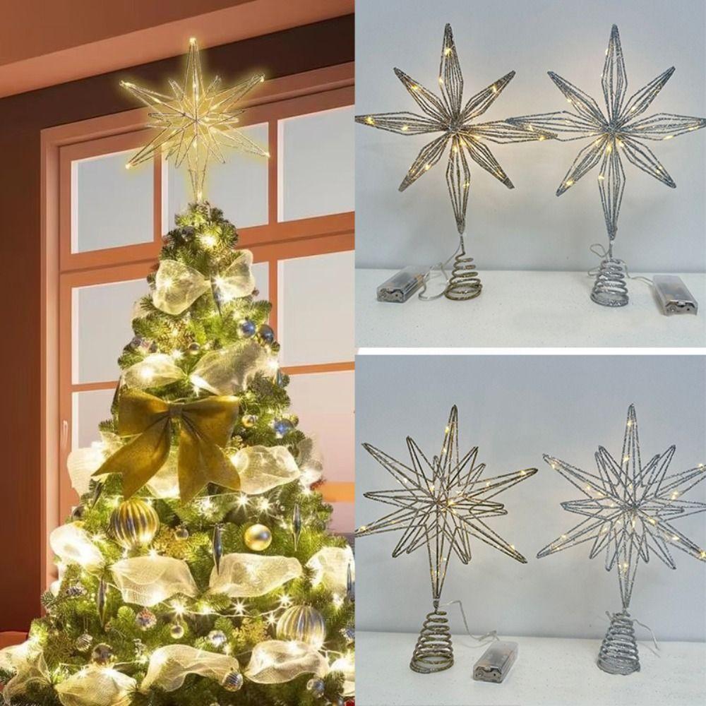 Star Christmas Tree Topper LED Light Lamp Xmas Decoration Glitter Christmas Tree Decoration Iron Party Supplies Light Up Props