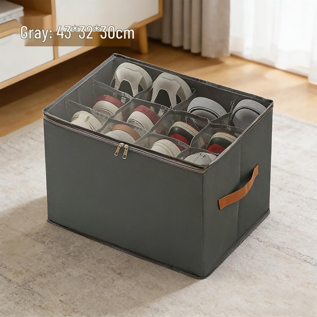 Large-Capacity Transparent Shoe Storage Box with Lid, Foldable 12-Grid Organizer, Dustproof.