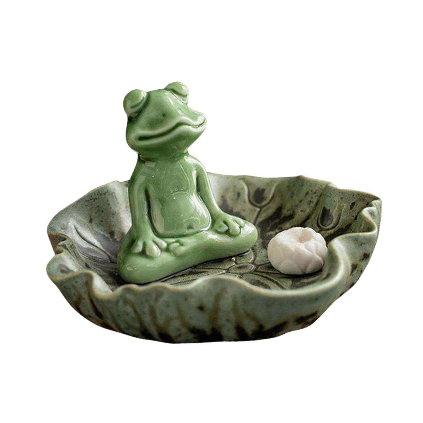 Cute Frog Incense Burner,Animals Statue,Decorative,with Lotus Leaf Tray,Ceramic,Incense Stick Holder,for Home Office Decoration
