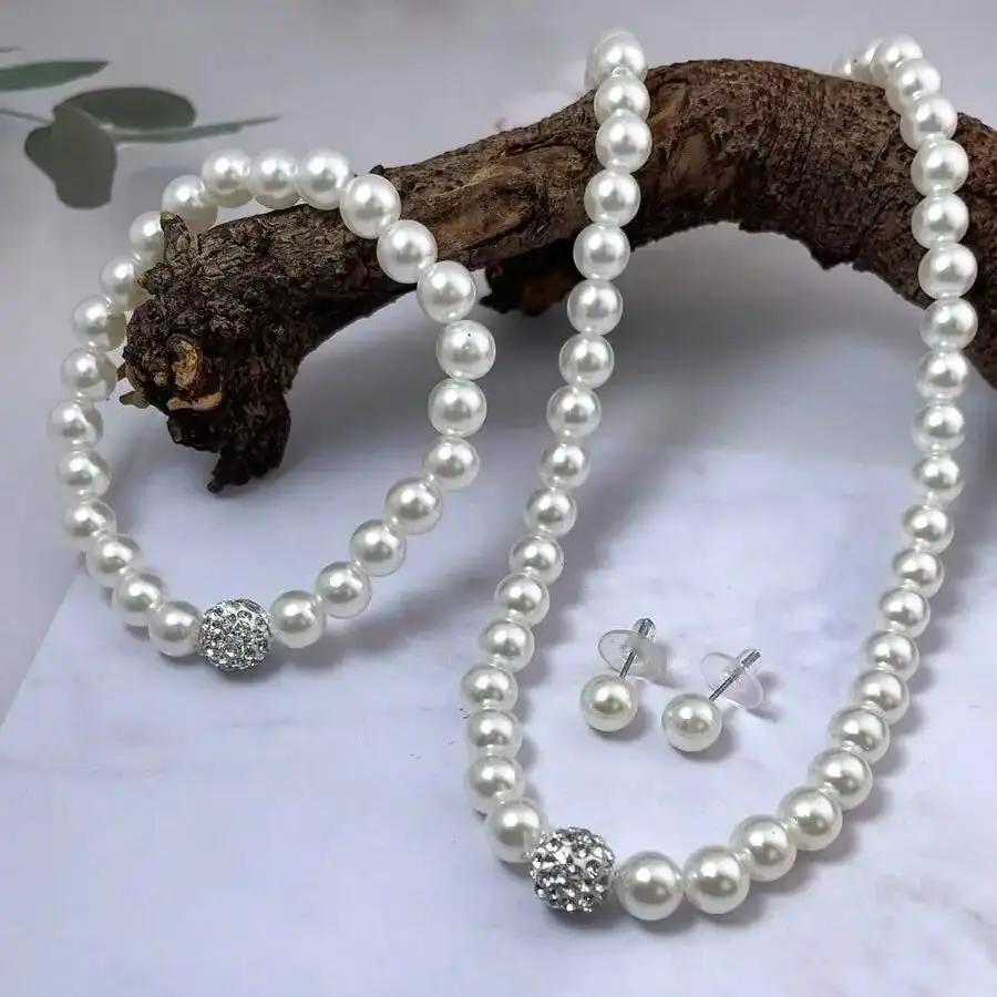 3-teiliges Set Imitationsperle Feuerball Halskette Armband Ohrstecker Schmuckset Silberfarbe Kristallstein Elegant Brautschmuck